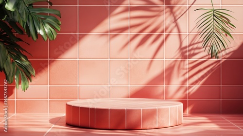 Coral cylindrical podium on tiled floor with tropical leaf shadows.