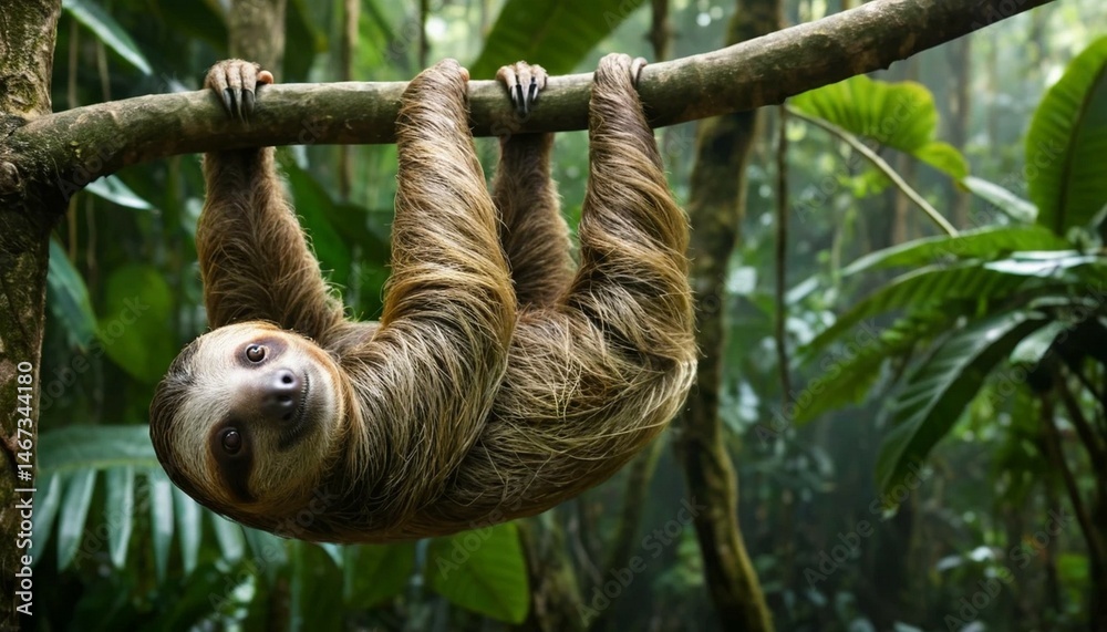 Fototapeta premium Sloth Hanging in Lush Rainforest Canopy