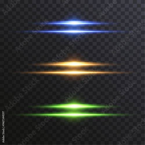 Set of light horizontal lines. Abstract digital energy effect. glowing on transparent background. Horizontal burst of light, beam effect.