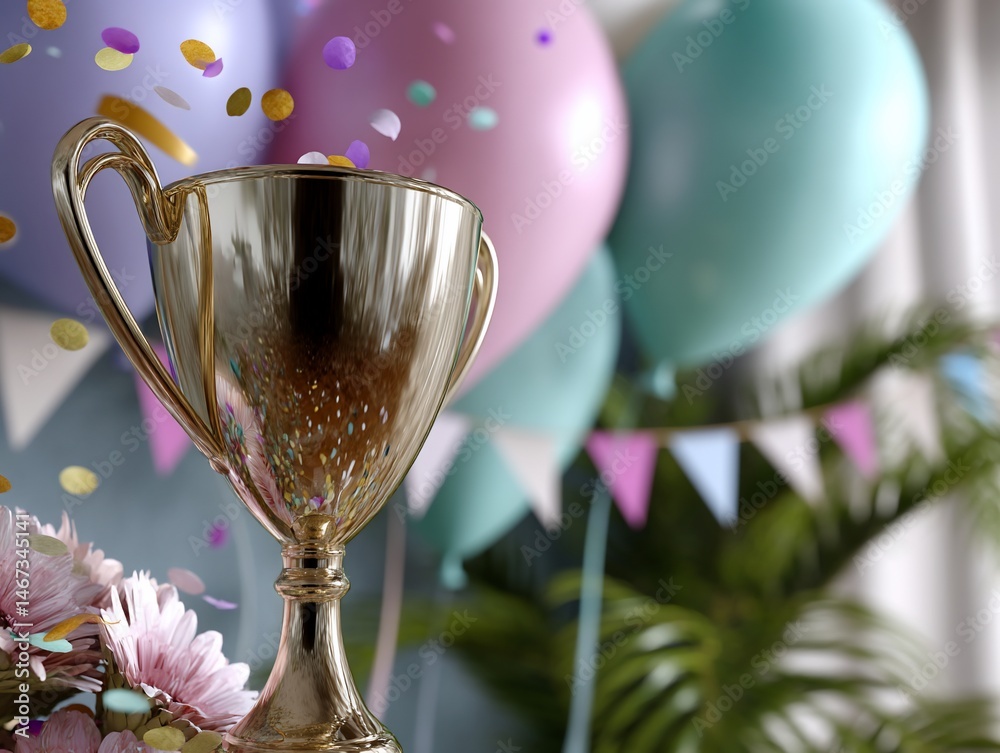 Gold trophy surrounded by colorful balloons and confetti, celebratory scene