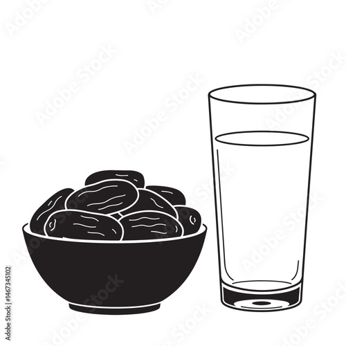 Flat Black Vector Silhouette of a Bowl of Dates and a Glass of Water, Representing Ramadan Iftar Meal, on White Background