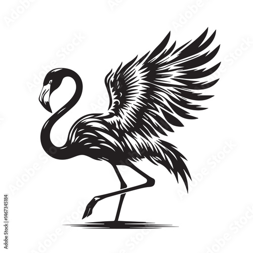 Elegant flamingo silhouette with extended wing in a black and white graphic style