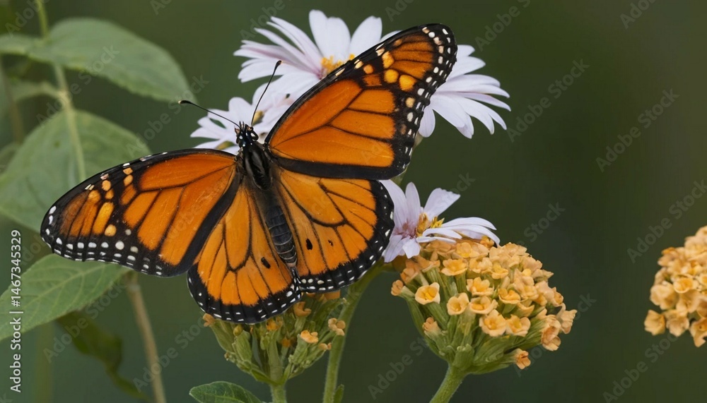 Fototapeta premium Monarch Butterfly on Aster Flowers, Summer Meadow