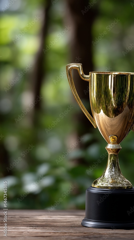 Gold trophy on wooden table, nature background
