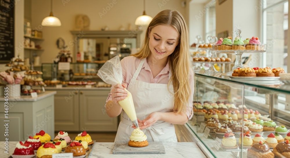 custom made wallpaper toronto digitalWoman decorating a pastry in a bakery setting with display cases.
