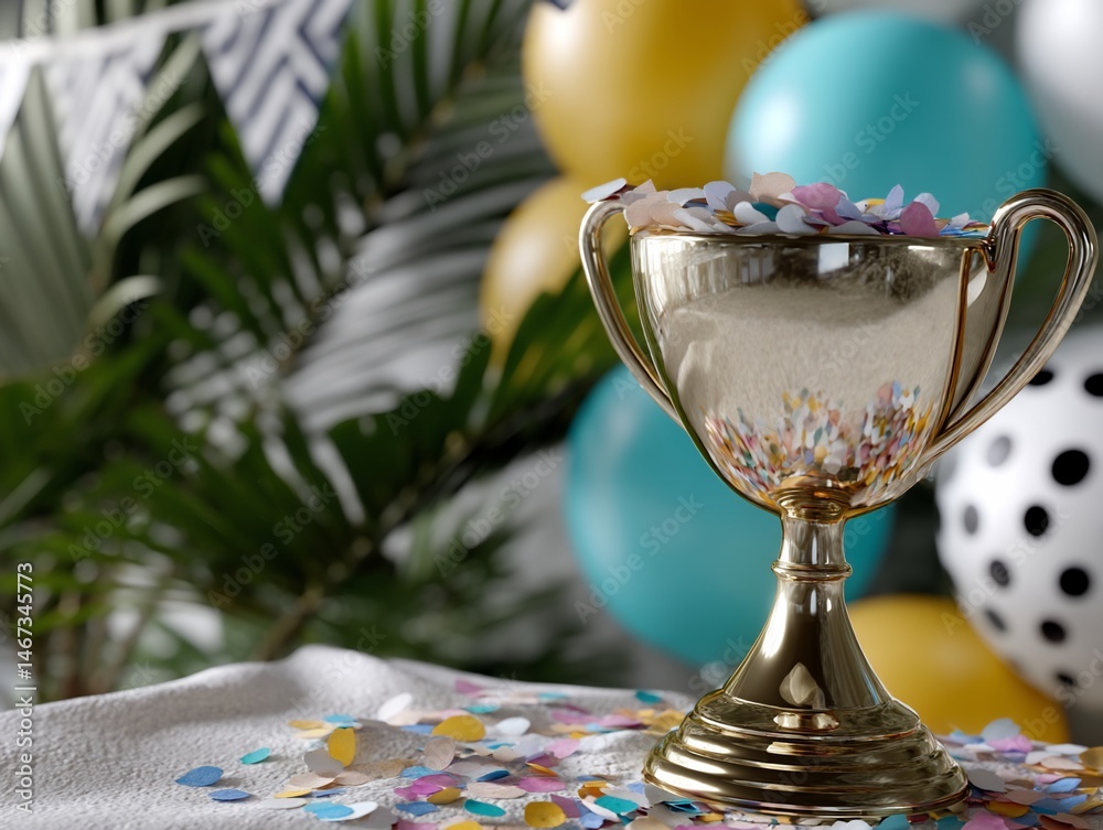 Gold trophy filled with colorful confetti, celebratory atmosphere