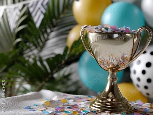 Obraz na płótnie Gold trophy filled with colorful confetti, celebratory atmosphere w salonie