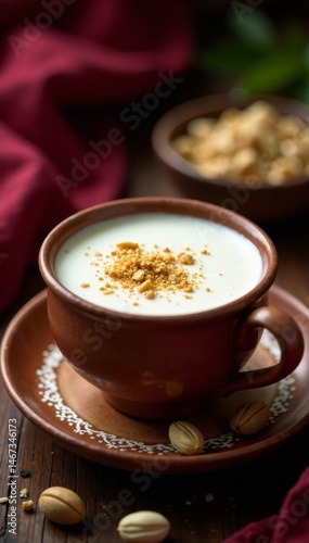 Traditional Indian sweet flavored milk beverage served in a delicate earthen cup garnished with chopped nuts and cardamom pods, milk, cardamom