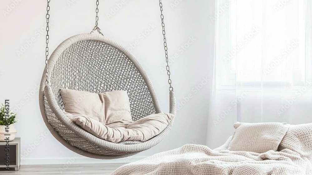 Fototapeta premium A stylish hanging chair in a bright bedroom.