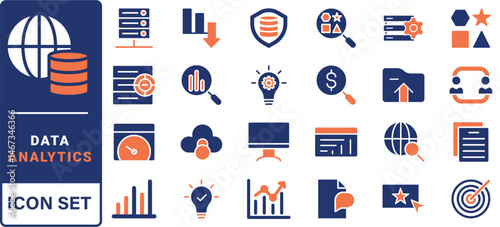 Data analysis line icons set. Analytics, server, mining, data filter, traffic, AI, hosting, monitoring. Statistics and analytics outline icons collection. - stock vector.