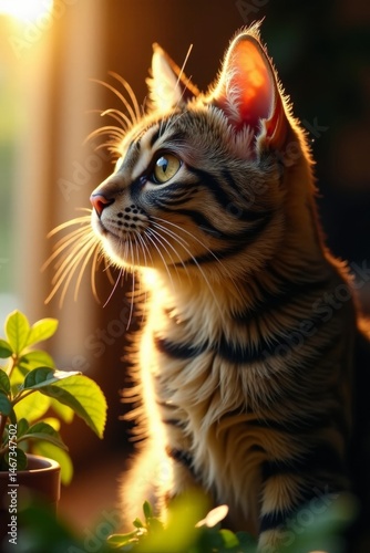 Warm sunlight falls on the feline's fur as it gazes at something with keen interest , nature, gaze