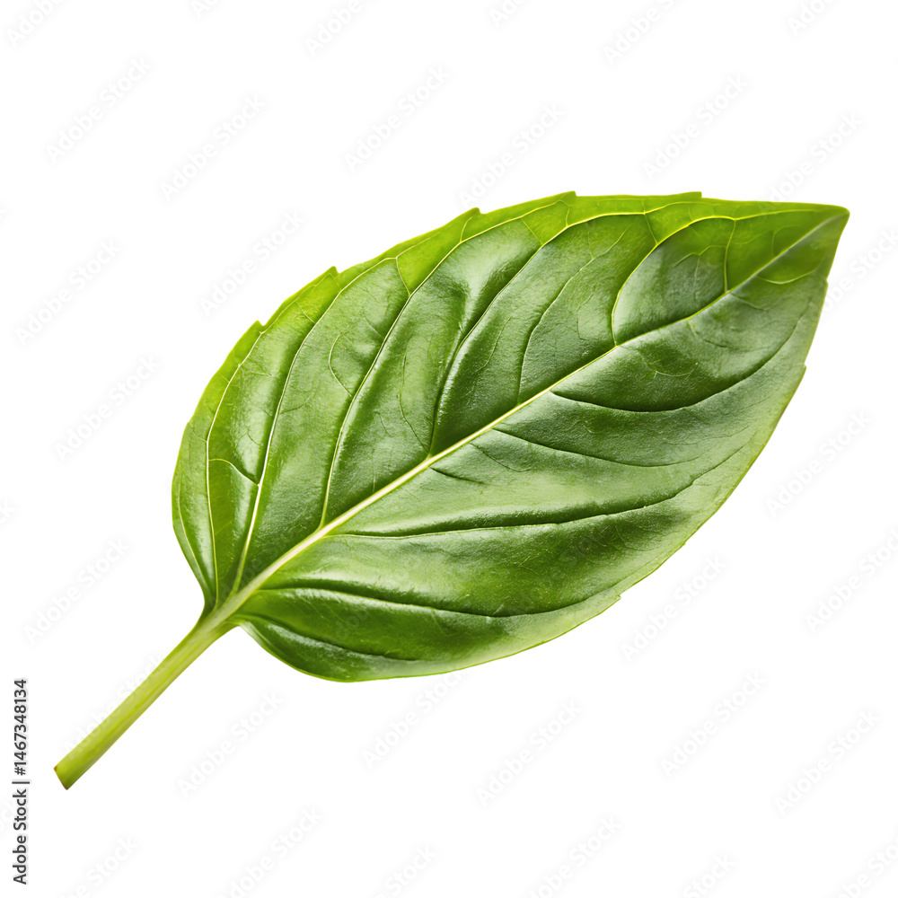 Obraz premium A whole single basil leaf isolated on a transparent background