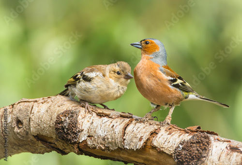 Фотография Chaffinch, Scientific name: Fringilla coelebs, adult male Chaffinch with scaly leg mites, perched on a branch and feeding his young chick in Springtime