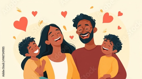 A mother and father laughing together with their children, with heart-shaped symbols of love and happiness floating above them