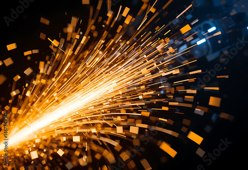 Burst Of Golden Sparks Erupts From A Metal Grinder, Illuminating The Surrounding Darkness, Industrial Process, Manufacturing, Intense Energy