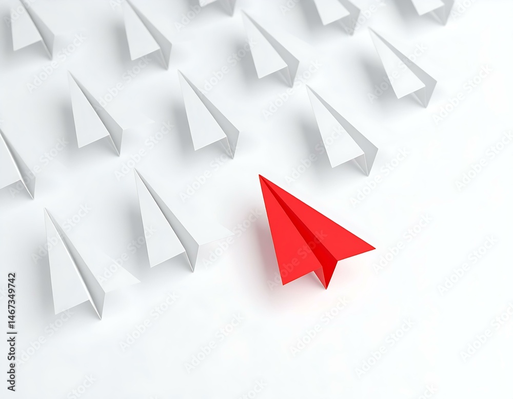 Fototapeta premium Red Paper Airplane Leading White Fleet Unique, Bold, Different, Success, Innovation, Vision, Standou