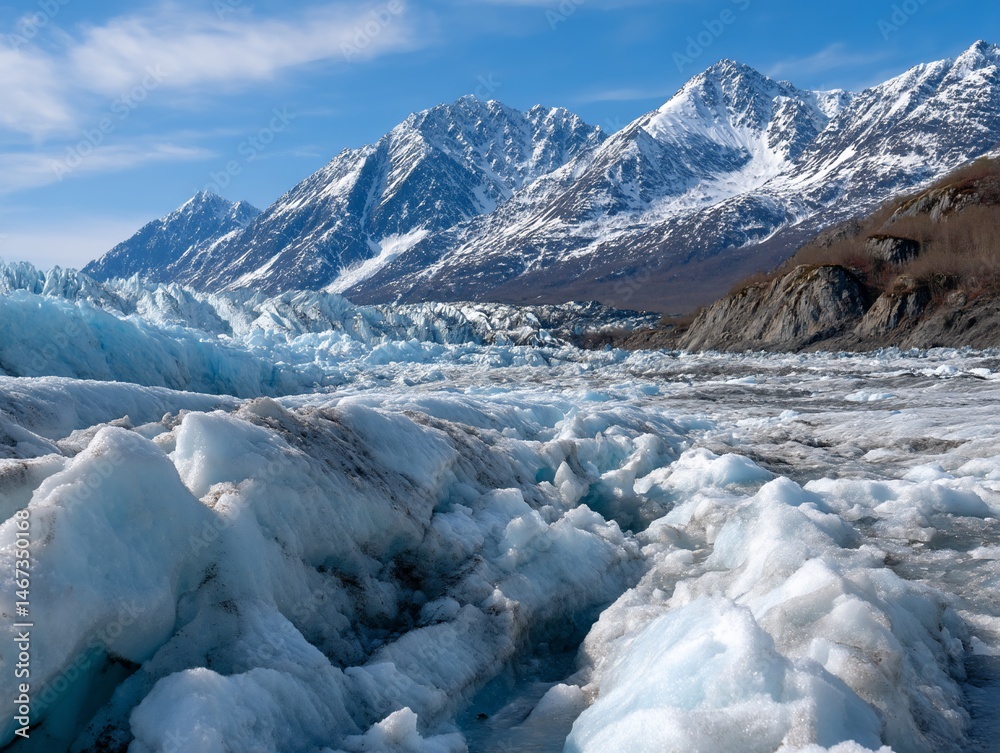 Glacial icebergs and snow-capped mountains under a vibrant blue sky