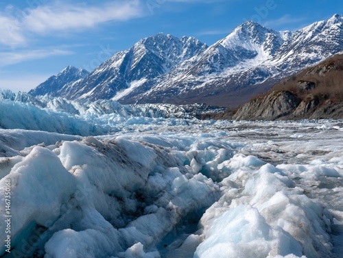 Obraz na płótnie Glacial icebergs and snow-capped mountains under a vibrant blue sky w salonie