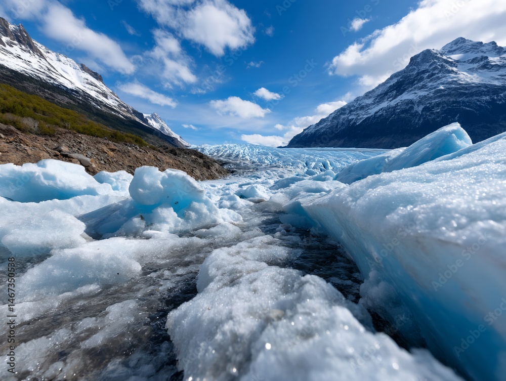 Glacial icebergs in a mountain valley under a vibrant blue sky. Chunks of vibrant blue ice contrast with the rocky landscape