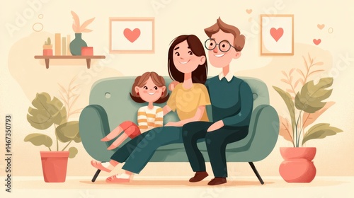 A mother, father, and child sitting on the couch, smiling together, with love symbols and peaceful icons floating around them