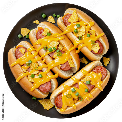 Vier Hot Dogs mit Käsesoße, Nachochips und Frühlingszwiebeln auf schwarzem Teller, isoliert auf weißem Hintergrund photo