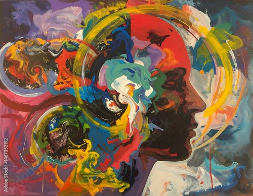 Abstract Colorful Swirls Vivid Head Profile, Expressive Art