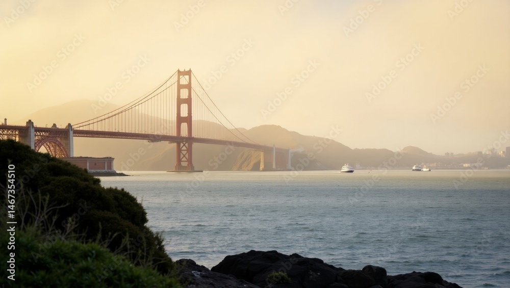 Naklejka premium Bridge at Dusk Over Serene Coastal Waters