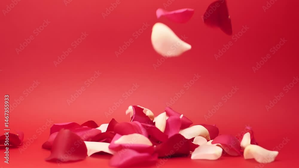 Slow-motion rose petals falling against a vibrant red background in a 4K video animation