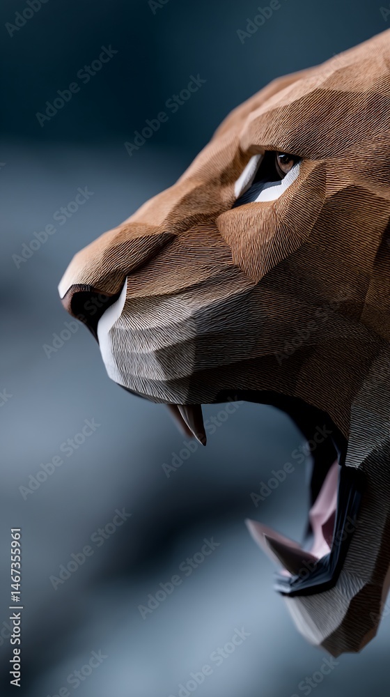 Geometric lion sculpture, roaring profile
