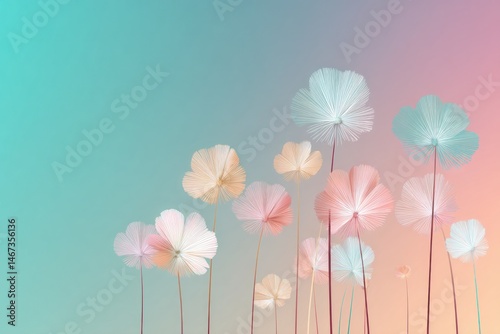 A playful modern spring design with simple vector flowers in pastel colors creating a harmonious peaceful composition with a soft gradient background