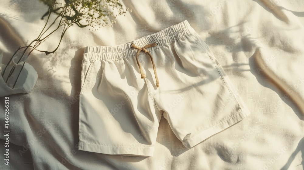 Relaxed summer vibes with folded cotton shorts on natural linen backdrop, perfect for casual days and beach outings Relaxed summer vibes with folded cotton shorts on natural linen backdrop, perfect for casual days and beach outings