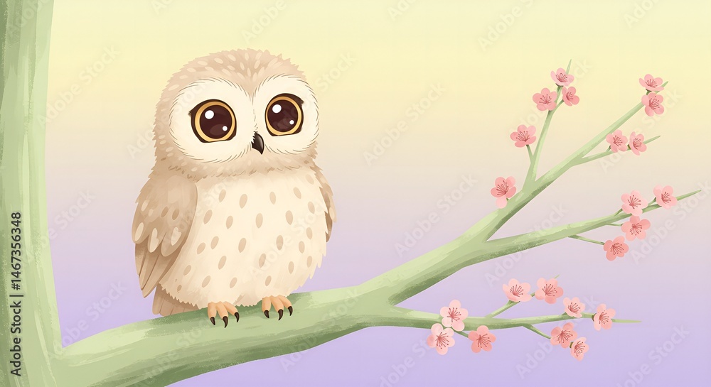Fototapeta premium Cute Owl with Spring Blossoms