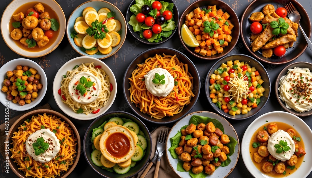 Showcase of an array of delicious and colorful food placed beautifully on a table Showcase of an array of delicious and colorful food placed beautifully on a table