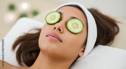 Wallpaper Mural Woman with cucumber slices on eyes relaxing on a white pillow. Torontodigital.ca