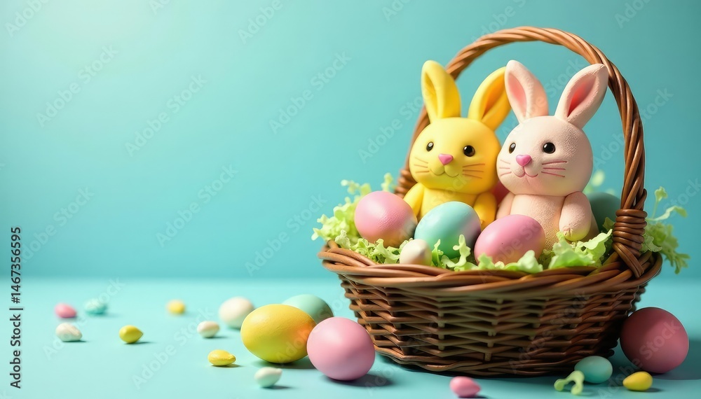 Obraz premium Colorful Easter eggs and bunny-shaped candies in a basket , spring holiday, bunny