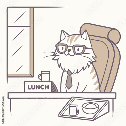 Cat in office, relaxed mood, having lunch at desk with copy space
