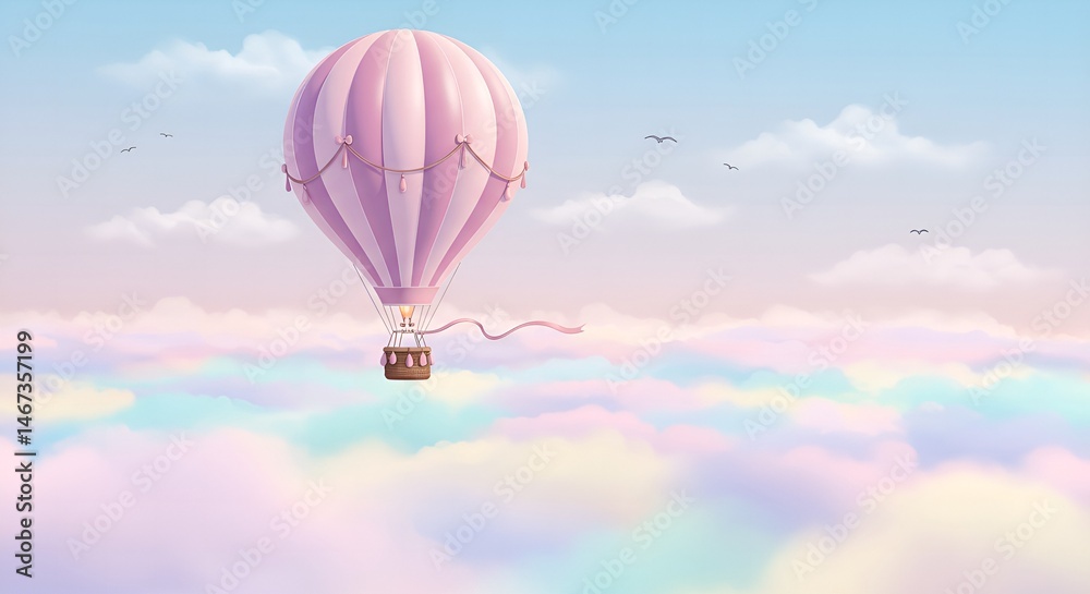 Obraz premium Dreamy Pink Hot Air Balloon Floating Above Pastel Clouds