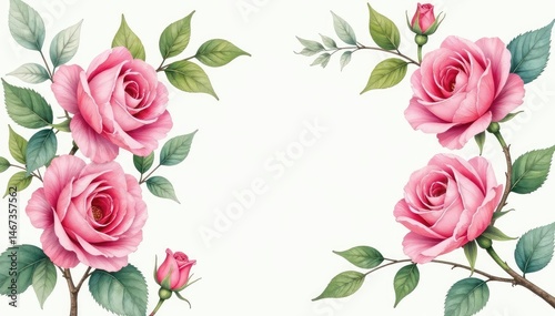 Delicate watercolor roses, intertwined leaves, soft pastel hues, spring, feminine