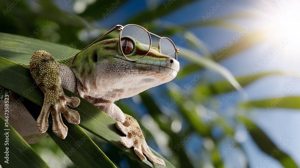 Gecko wearing glasses on a plant