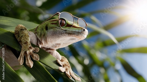 Obraz na płótnie Gecko wearing glasses on a plant w salonie
