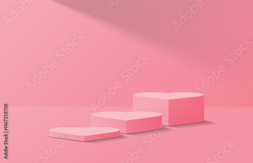 Realistic steps pink 3d heart podium pedestal or product display stand. Light shadow on wall. Minimal scene for product mockup. Valentine scene for product showcase. 3d stage on festive promotion.