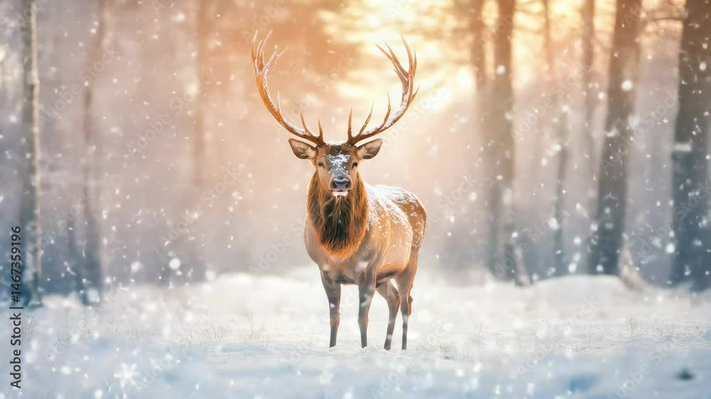 Majestic deer with large antlers standing in a snow covered forest during a gentle snowfall, creating a serene and captivating winter scene with warm sunlight filtering through the trees