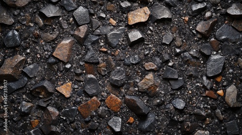 Rugged dark granite stone surface showcasing coarse speckles illuminated by high-contrast lighting, ideal for architectural and construction projects photo