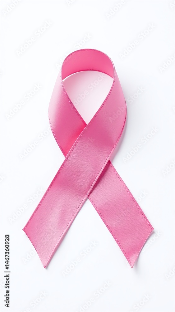 Minimal breast health ribbon, pink satin symbol on white, support message icon, cancer care visual Minimal breast health ribbon, pink satin symbol on white, support message icon, cancer care visual