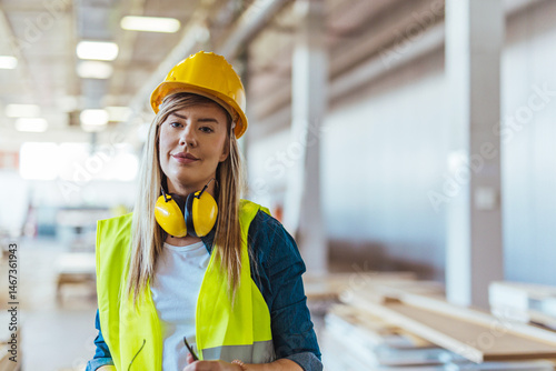 Female Construction Worker in Protective Gear at Job Site photo