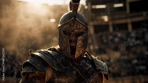 Fearless gladiator grips sword beneath gleaming helmet, muscles tense amidst swirling arena dust. Fierce gladiator gaze meets roaring crowd, capturing raw drama of ancient combat
