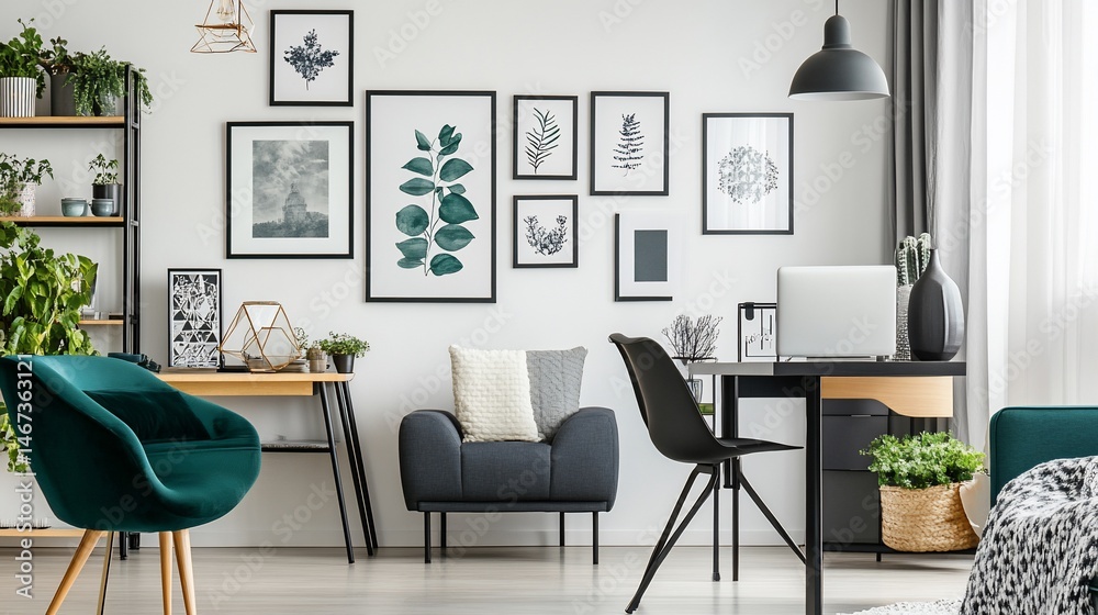 Fototapeta premium Modern, minimalist home office with framed artwork, plants, and comfortable seating.