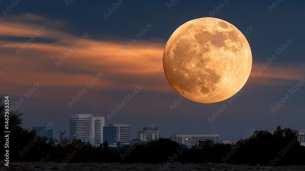 Full orange moon over city skyline at twilight
