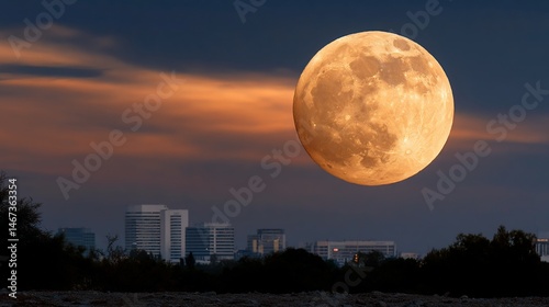 Obraz na płótnie Full orange moon over city skyline at twilight w salonie