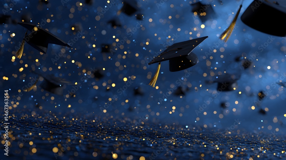 Naklejka premium A celebratory flurry of graduation caps and golden confetti joyfully floats in a dark blue sky signifying achievement and success.